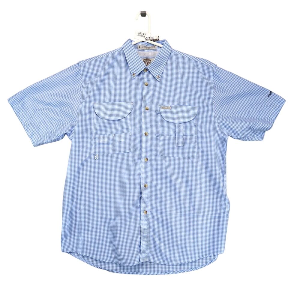 Tiger Hill Blue Gingham Button Down Fishing Shirt Men's L Vented Short Sleeve